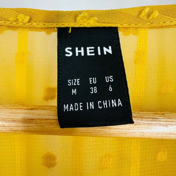 SHEIN Mustard Yellow Surplice Neck Flutter Sleeve Tie Waist Dot Textured Top M/6 - Picture 8 of 9